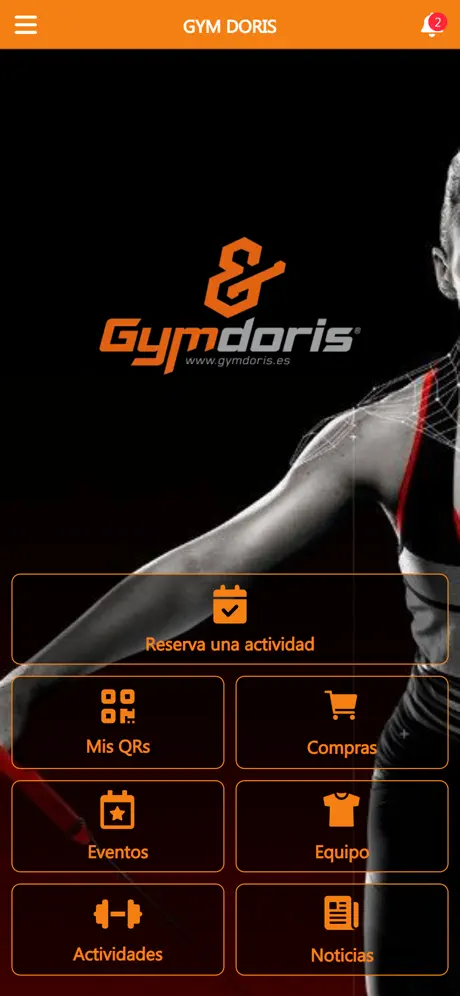 App Gym Doris — pantalla de inicio con reserva de actividad, QRs y más